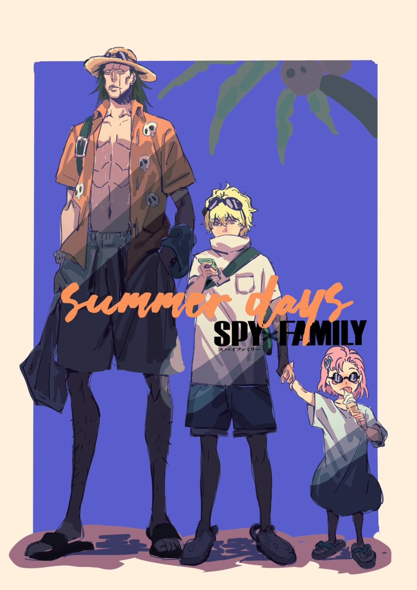 1girl 2boys abs black_hair bleach bleach:_sennen_kessen-hen blonde_hair breast_pocket cellphone child collarbone crocs eyewear_on_head flip-flops food gremmy_thoumeaux hair_ornament hairclip hand_in_pocket hat height_difference high_collar highres holding holding_hands holding_phone ice_cream ice_cream_cone kusajishi_yachiru leg_hair licking long_hair long_shirt looking_at_phone multiple_boys navel open_clothes open_shirt oversized_clothes oversized_shirt palm_tree phone pink_hair pocket sandals scar scar_across_eye scar_on_face shirt skull_print smartphone spy_x_family sun_hat sunglasses swimsuit tree zaraki_kenpachi ze_ro