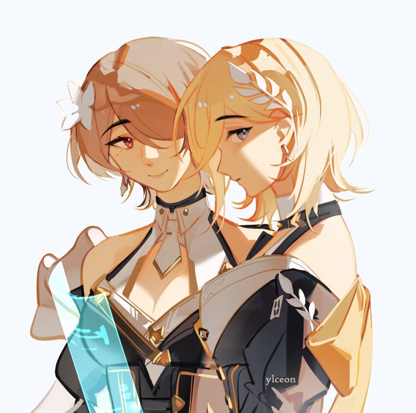 2girls artist_name bare_shoulders black_dress blonde_hair blue_eyes breasts brown_hair cleavage closed_mouth commentary dress durandal_(honkai_impact) flower hair_flower hair_ornament hair_over_one_eye halter_dress halterneck highres holographic_interface honkai_(series) honkai_impact_3rd looking_at_viewer mole mole_under_eye multiple_girls official_alternate_costume red_eyes rita_rossweisse short_hair simple_background smile upper_body white_background white_flower wife_and_wife ylceon yuri