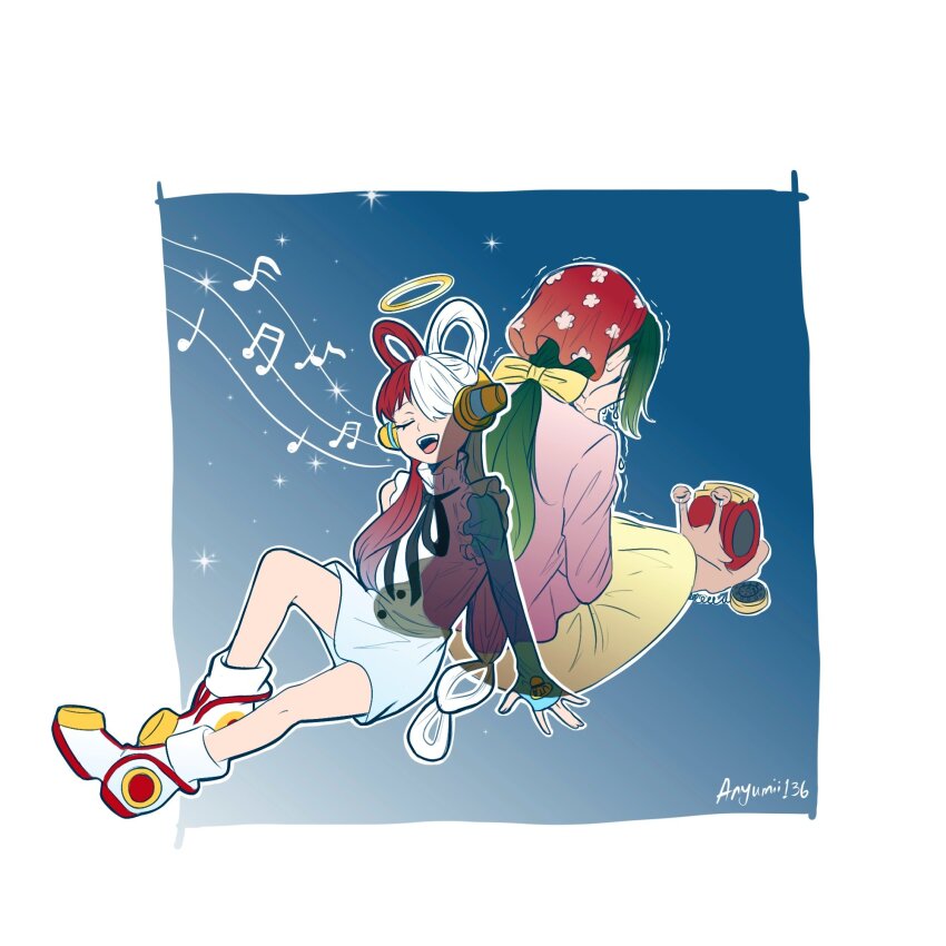 2girls anyumii136 artist_name border bow closed_eyes crying den_den_mushi dress elbow_gloves full_body gloves green_hair hair_bow hair_over_one_eye headphones headscarf highres makino_(one_piece) multiple_girls music musical_note one_piece one_piece_film:_red open_mouth ponytail red_hair singing single_elbow_glove skirt star_(sky) tears uta_(one_piece) white_border white_hair