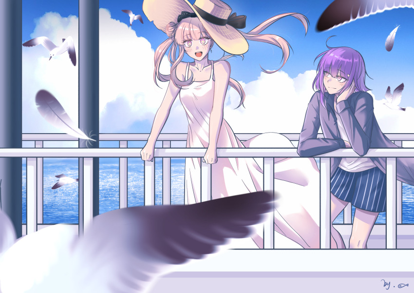 1boy 1girl absurdres against_railing arm_rest bare_arms bird black_bow black_jacket black_shorts bow brother_and_sister chinese_commentary cloud commentary dress feathers hair_bun hat head_rest highres jacket long_hair medium_hair ocean outdoors pink_eyes pink_hair purple_hair qiansexiaoyu railing seagull shirt shorts siblings signature sky sleeveless sleeveless_dress smile spaghetti_strap star-shaped_pupils star_(symbol) straw_hat striped_clothes striped_shorts sun_hat sundress symbol-shaped_pupils the_hundred_line_-last_defense_academy- tsukumo_ima tsukumo_kako twins twintails vertical-striped_clothes vertical-striped_shorts white_dress white_shirt