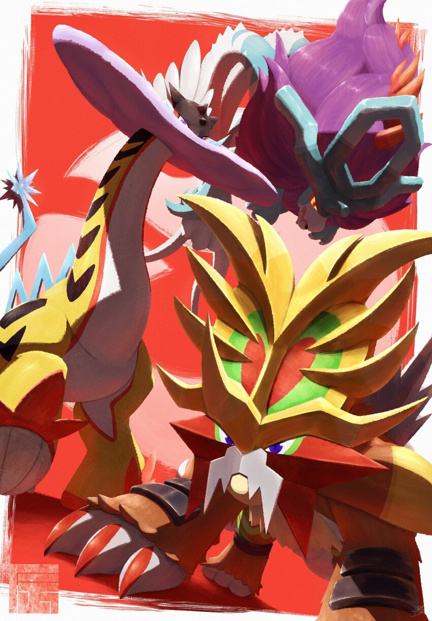 blue_fur brown_fur claws colored_sclera dinosaur dinosaur_tail ewokakukaede eyeshadow fangs forked_tail gouging_fire highres horns jumping long_neck makeup mane midair multiple_tails nintendo no_humans open_mouth pokemon pokemon_(creature) pokemon_focus purple_eyes purple_fur raging_bolt raptor red_claws red_eyes red_eyeshadow sauropod single_horn spikes striped_fur tail triceratops two_tails walking_wake yellow_horns yellow_sclera
