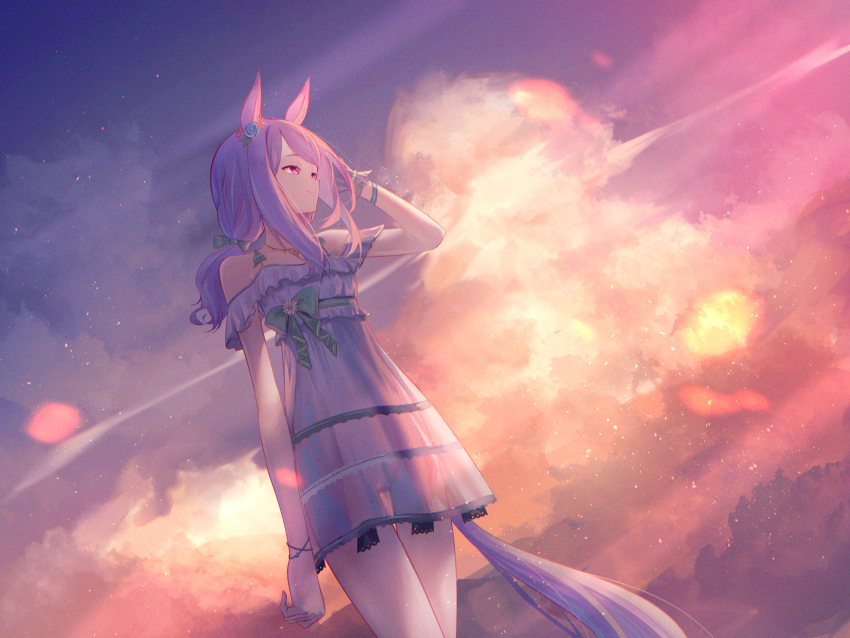 1girl animal_ears arm_at_side arm_scrunchie bare_shoulders bow bracelet cloud cloudy_sky cowboy_shot dress dress_swimsuit from_below green_bow groin hair_ribbon hand_in_own_hair highres horse_ears horse_girl horse_tail jewelry katuko_deluxe looking_to_the_side low_twintails mejiro_mcqueen_(ripple_fairlady)_(umamusume) mejiro_mcqueen_(umamusume) no_panties official_alternate_costume official_alternate_hairstyle outdoors purple_eyes purple_hair ribbon scrunchie see-through_clothes see-through_dress see-through_silhouette shoulderless_dress sky smile sunset swept_bangs swimsuit tail thigh_gap twintails umamusume walking wrist_scrunchie