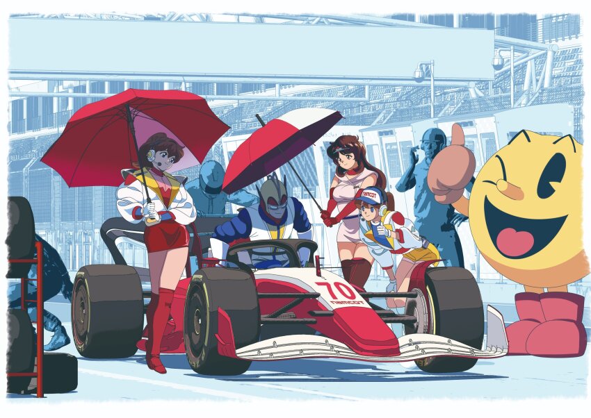 3girls 5boys baseball_cap blue_eyes blue_hat blue_shirt boots bravoman bravoman_(series) breasts brown_gloves brown_hair car circlet closed_mouth clothes_writing commentary company_connection cover_girl_(family_series) crossover dress druaga_no_tou edoya_inuhachi elbow_gloves family_series formula_one formula_racer gloves goggles hair_between_eyes hand_on_own_knee hat hat_writing headset highres holding holding_umbrella jacket kanda_momo ki_(druaga) kneehighs leaning_forward long_hair looking_at_another looking_to_the_side mask medium_breasts miniskirt motor_vehicle multiple_boys multiple_girls namco one_eye_closed open_mouth outdoors pac-man pac-man_(game) pac-man_eyes panties pencil_skirt pink_dress pit_crew ponytail race_queen race_vehicle racecar racetrack red_boots red_gloves red_skirt red_thighhighs red_umbrella shirt short_dress short_shorts shorts skirt sleeveless sleeveless_dress smile socks thigh_boots thighhighs thumbs_up umbrella underwear wheel white_gloves white_jacket white_socks yellow_panties yellow_shorts zettai_ryouiki