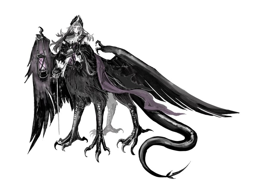 1girl arknights black_gloves black_wings centauroid claws feathered_wings full_body gloves grey_eyes grey_hair head_wings highres holding holding_lantern irene_(arknights) lantern long_hair long_sleeves looking_at_viewer monster_girl nou_darake puffy_long_sleeves puffy_sleeves simple_background solo standing taur white_background wings