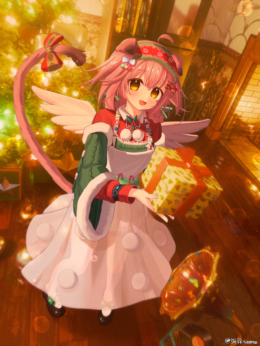 1girl :d absurdres animal_ears arknights black_shoes blue_bow bow chenfusama chinese_commentary christmas christmas_present commentary_request detached_sleeves dress embers fireplace footwear_bow full_body fur-trimmed_sleeves fur_trim gift goldenglow_(arknights) goldenglow_(maiden_for_the_bright_night)_(arknights) green_bow green_hairband green_sleeves hair_ornament hairband highres indoors infection_monitor_(arknights) kneehighs lens_flare light_particles long_sleeves looking_at_viewer medium_hair official_alternate_costume open_mouth phonograph pinafore_dress pink_hair pink_tail pom_pom_(clothes) red_bow red_hairband red_sweater see-through_clothes see-through_dress shoes sleeveless sleeveless_dress smile socks solo standing sweater tail tail_bow tail_ornament tail_raised vinyl_record white_dress white_socks white_wings wings wooden_floor yellow_bow yellow_eyes