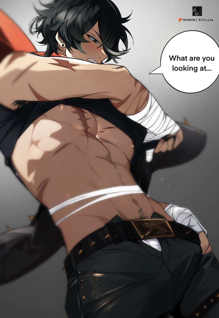 1boy abs alticute bandaged_arm bandaged_hand bandages belt black_hair black_pants black_shirt clothes_lift english_text green_eyes highres lighter_(zenless_zone_zero) male_focus muscular muscular_male navel nipples open_clothes open_shirt pants scar scar_on_arm scar_on_chest shirt shirt_lift short_hair solo speech_bubble stomach teeth zenless_zone_zero