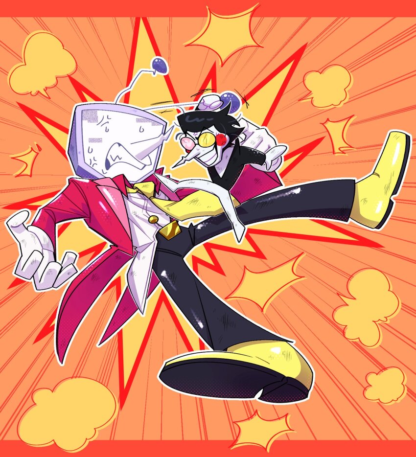 2boys anger_vein ant_tenna antenna_grab belt_buckle black_hair black_jacket black_pants buckle clenched_teeth colored_skin crt deltarune dirty dirty_clothes fighting full_body gloves heterochromatic_eyewear highres jacket male_focus multiple_boys necktie object_head orange_background pants pointy_nose rererenore_i round_eyewear shirt shoes short_hair spamton_g._spamton sweat tailcoat teeth tinted_eyewear white_gloves white_pants white_shirt white_skin yellow_necktie yellow_shoes