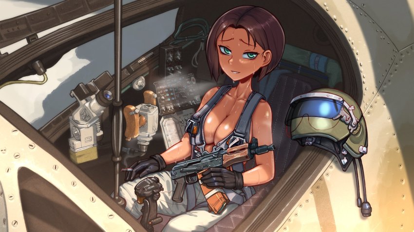 1girl aircraft airplane aks-74u assault_rifle attack_helicopter brown_hair cigarette collarbone commentary control_rod_(touhou) dark-skinned_female dark_skin english_commentary erica_(naze1940) green_eyes gun helicopter helmet highres holding holding_cigarette holding_gun holding_weapon kalashnikov_rifle looking_at_viewer medium_hair mi-24 military_vehicle naked_overalls nervous_sweating open_mouth original overalls pants rifle shiny_skin sitting smile smoke solo sweat unworn_headwear unworn_helmet very_sweaty weapon