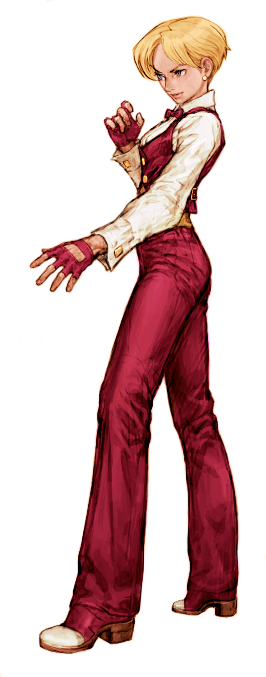 1girl absurdres belt_buckle blonde_hair blue_eyes bow bowtie buckle capcom_vs_snk cuff_links cummerbund earrings fighting_stance fingerless_gloves formal_clothes game_cg gloves high-waist_pants highres jewelry king_(snk) nishimura_kinu non-web_source official_art pant_suit pants purple_bow purple_bowtie purple_gloves purple_pants purple_shoes purple_vest reverse_trap ryuuko_no_ken sash shoes short_hair simple_background solo suit the_king_of_fighters traditional_bowtie tuxedo vest white_background yellow_sash
