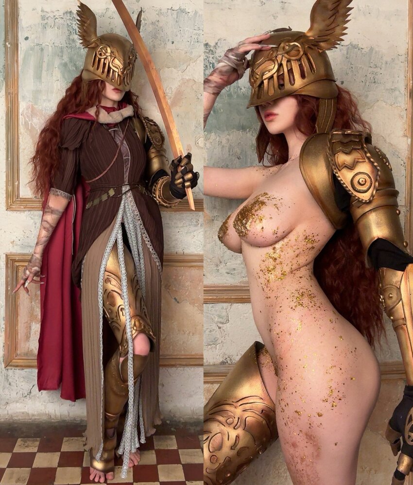 1girl alina_becker armor armored_boots armored_gloves bandaged_arm bandaged_hand bandages before_and_after black_gloves bodypaint boots cape clothed_female_nude_female colored_skin cosplay cosplay_photo covered_eyes curly_hair elden_ring from_front from_side gloves hand_on_helmet hand_on_own_head helmet helmet_over_eyes highres holding holding_sword holding_weapon knee_boots lipstick long_hair long_sword looking_at_viewer makeup malenia_blade_of_miquella no_footwear nude on/off photo_(medium) real_life red_cape red_hair shoulder_armor simple_background sword weapon white_background white_skin wooden_floor