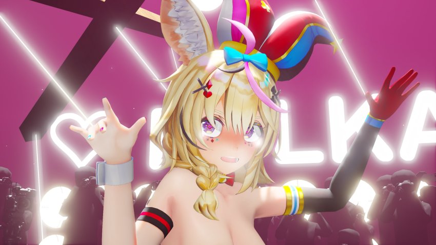 1girl 3d animal_ear_fluff animal_ears blonde_hair blush breasts clown_girl clown_hat fennec fennec_ears fennec_fox fox fox_girl hair_ornament highres hololive no_bra omaru_polka out-of-frame_censoring photographer purple_eyes solo_focus u30a2u30c0u30e0u30b9u30dfu30b9 upper_body virtual_youtuber
