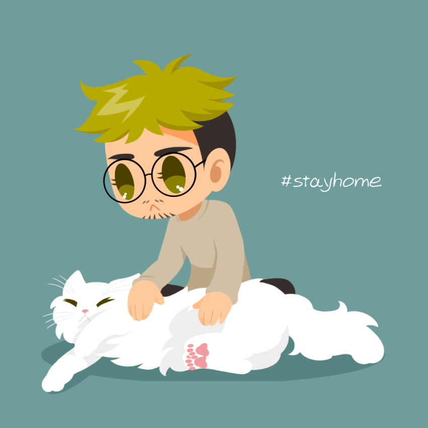 1boy :&lt; blonde_hair brown_hair cat christophe_giacometti facial_hair glasses green_background green_eyes hashtag highres indian_style kaorin_minogue male_focus multicolored_hair petting sitting two-tone_hair white_cat yuri!!!_on_ice