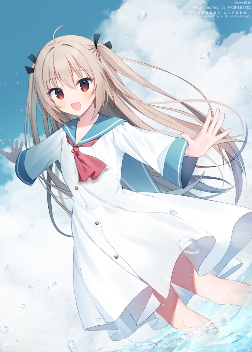 1girl :d ahoge aiyan ascot atri atri-my_dear_moments- blue_sailor_collar blue_sky blush brown_hair buttons cloud commentary_request day dress dutch_angle eyelashes eyes_visible_through_hair feet_out_of_frame floating_hair hair_between_eyes hair_intakes happy highres long_hair long_sleeves looking_at_viewer open_mouth outdoors outstretched_arms outstretched_hand red_ascot red_eyes sailor_collar sailor_dress sky smile soaking_feet solo standing twitter_username two_side_up very_long_hair water water_drop white_dress wide_sleeves