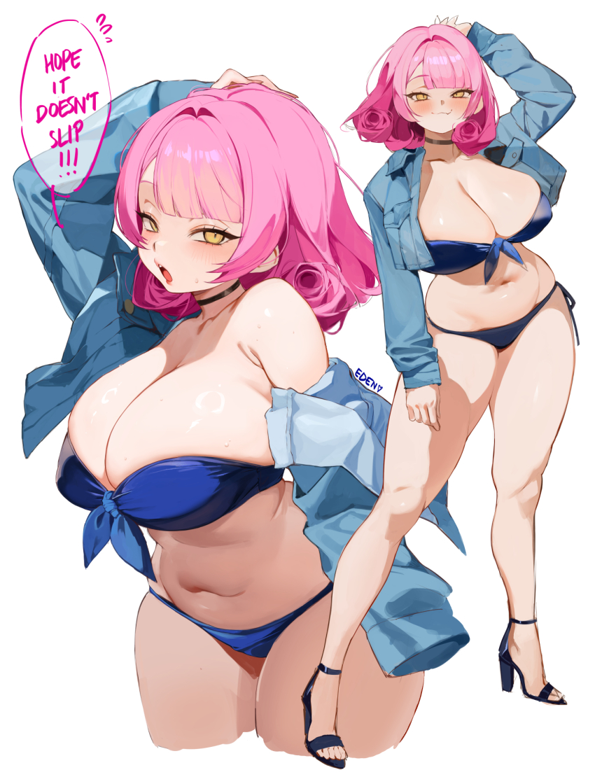 1girl :3 armpit_crease artist_name belly bikini black_choker blue_bikini blue_shirt blue_shoes blush breasts choker cleavage closed_mouth collarbone collared_shirt commentary cropped_legs eden_(shiroki_yuutsu) english_commentary english_text fingernails flower-shaped_hair flying_sweatdrops front-tie_bikini_top front-tie_top full_body hand_on_own_head heart high_heels highres huge_breasts knees long_sleeves looking_at_viewer medium_hair multiple_views nail_polish navel open_clothes open_mouth open_shirt original pink_hair pink_lips pink_nails shirt shoes side-tie_bikini_bottom simple_background smile solo_focus stomach sweat swimsuit teeth thighs upper_teeth_only vanilla_(eden_(shiroki_yuutsu)) white_background yellow_eyes