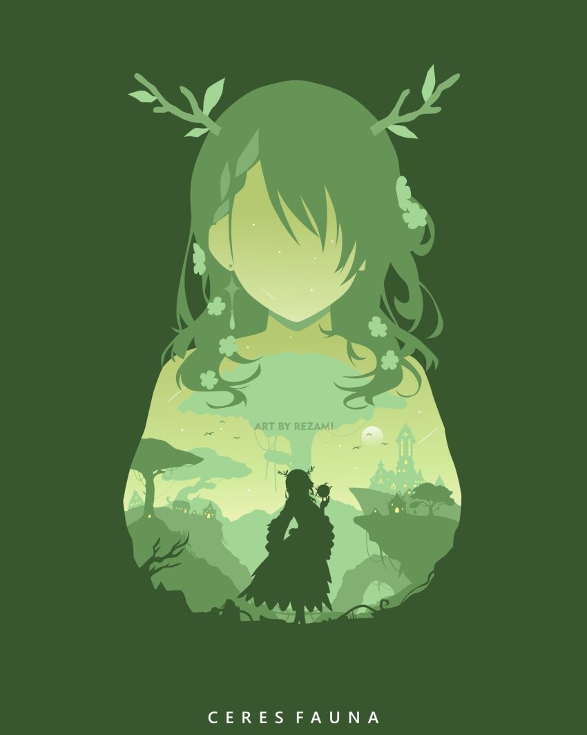 1girl artist_name braid building ceres_fauna ceres_fauna_(1st_costume) character_name dress earrings green_theme highres hololive hololive_english jewelry multiple_views rezami shooting_star silhouette single_braid single_earring standing star_(sky) tree tree_horns virtual_youtuber