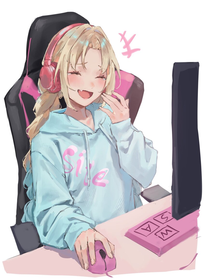 +++ 1girl blonde_hair blue_hoodie braid chair clothes_writing commentary_request computer_keyboard fang gaming_chair headphones highres holding_computer_mouse hood hoodie laughing link!_like!_love_live! long_hair long_sleeves love_live! low_twin_braids monitor official_alternate_costume osawa_rurino osawa_rurino_(winter_loungewear) raised_inner_eyebrows saidamoosu simple_background solo swivel_chair tearing_up twin_braids virtual_youtuber white_background