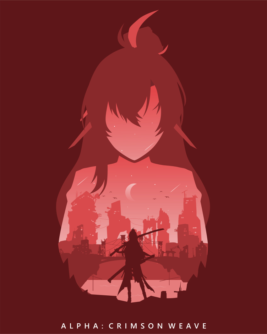 1girl absurdres alpha_(pgr) bridge building character_name commentary crescent_moon english_commentary facing_viewer hair_ornament highres holding holding_sword holding_weapon long_hair lucia:_crimson_weave_(pgr) minimalism monochrome moon ootachi over_shoulder punishing:_gray_raven red_background red_theme rezami ruins scabbard second-party_source sheath silhouette solo standing sword sword_over_shoulder unsheathed water weapon weapon_over_shoulder