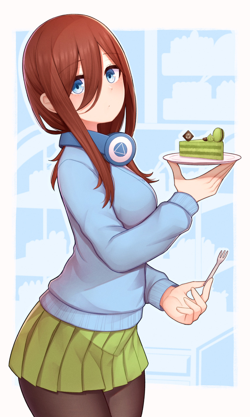 1girl absurdres atorie birthday_cake blue_eyes blue_sweater breasts brown_hair cake cake_slice cowboy_shot food fork go-toubun_no_hanayome green_skirt hair_between_eyes headphones headphones_around_neck highres holding holding_fork holding_plate large_breasts long_hair looking_at_viewer matcha_(food) nakano_miku pantyhose plate pleated_skirt skirt solo sweater