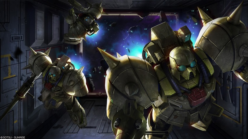 absurdres artist_request cable copyright_logo crossbone_vanguard den&#039;an_zon emblem gundam gundam_battle_operation_2 gundam_f91 highres logo machinery mecha mecha_focus mobile_suit no_humans realistic robot roundel science_fiction shot_lancer shoulder_spikes space spacecraft_interior spikes sunrise_(company)