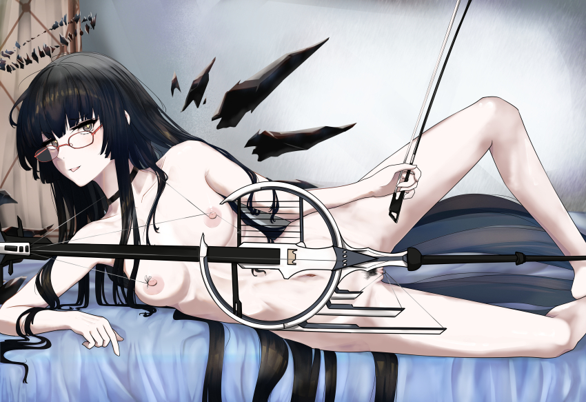 2girls 3_iq_tuna absurdres angel arknights black_choker black_hair black_halo black_wings bow_(music) breasts cello choker commentary completely_nude detached_wings english_commentary female_pubic_hair glasses halo highres holding holding_bow_(music) indoors instrument large_variant_set long_hair lying multiple_girls navel nipples nude on_bed on_side pubic_hair pussy small_breasts stomach uncensored underboob variant_set very_long_hair virtuosa_(arknights) wings