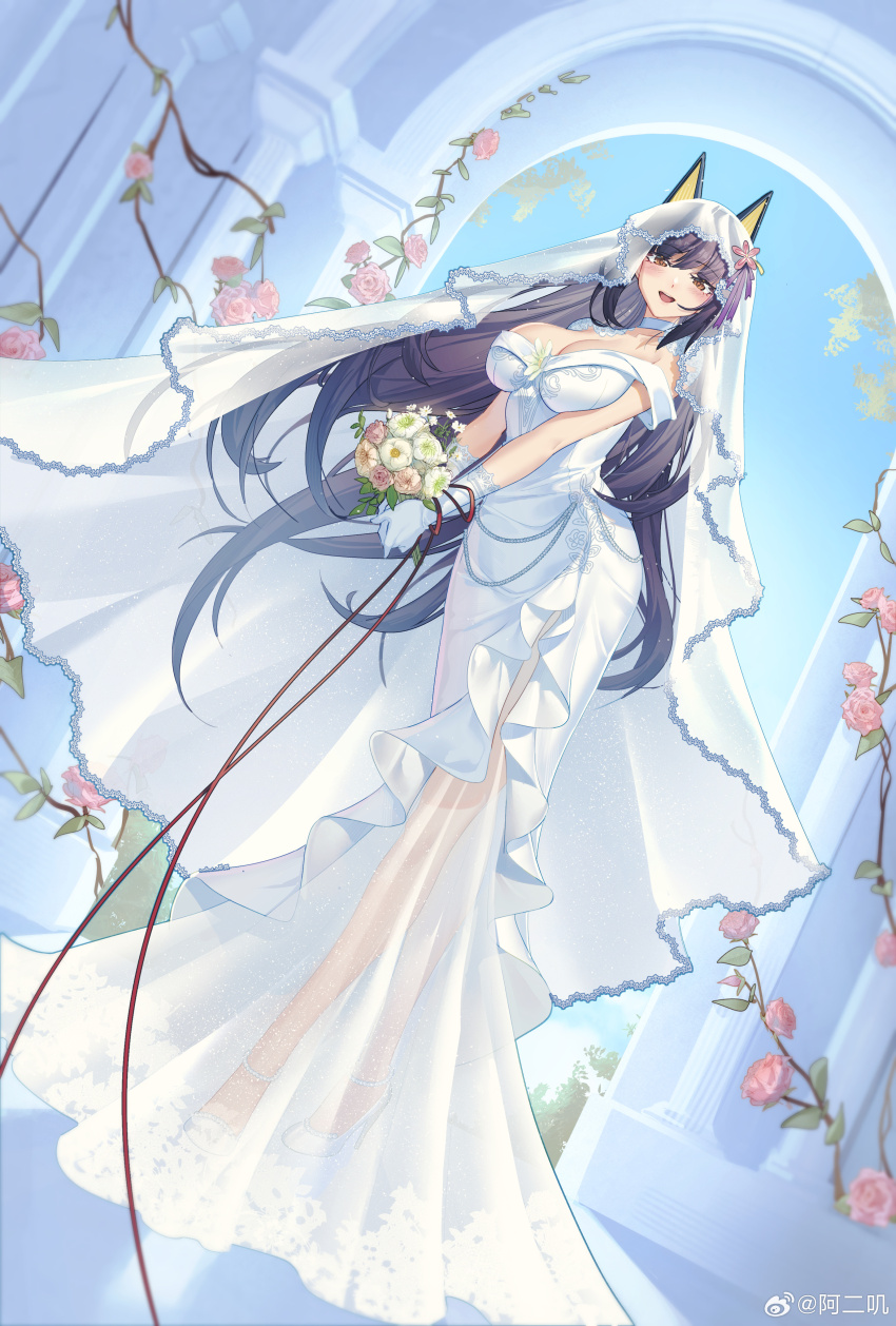 1girl absurdres aer_(tengqiu) akagi_(warship_girls_r) alternate_costume animal_ears bare_shoulders black_hair blush bouquet breasts bridal_veil bride cleavage dress flower full_body gloves hair_flower hair_ornament high_heels highres holding holding_bouquet indoors large_breasts long_dress long_hair looking_at_viewer open_mouth pink_flower purple_hair rose see-through_clothes smile solo standing veil very_long_hair warship_girls_r watermark wedding_dress weibo_watermark white_dress white_footwear white_gloves yellow_eyes