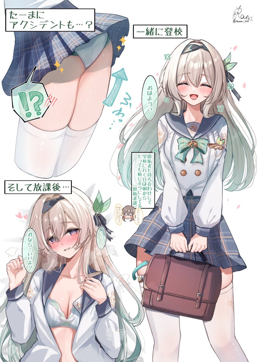 1girl bag black_hairband blush bow bowtie bra breasts buttons cleavage colored_skin commentary_request double-breasted firefly_(honkai:_star_rail) firefly_(spring_missive)_(honkai:_star_rail) gradient_hair green_bow green_bowtie green_bra green_hair grey_hair grey_sailor_collar grey_skin hairband highres holding holding_bag honkai:_star_rail honkai_(series) long_hair long_sleeves looking_at_viewer multicolored_hair multiple_views official_alternate_costume panties parted_lips plaid_bow plaid_bowtie plaid_clothes plaid_skirt pleated_skirt ranran_3939 sailor_collar school_bag school_uniform shirt signature skirt stelle_(honkai:_star_rail) thighhighs trailblazer_(honkai:_star_rail) translation_request twitter_username two-tone_hair underwear white_panties white_shirt white_thighhighs