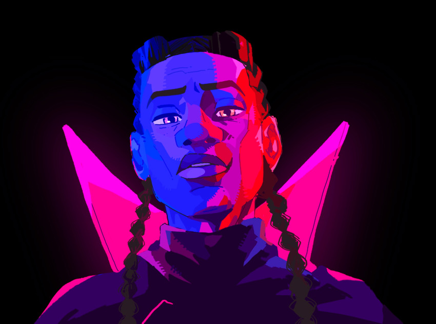 1boy black_background black_hair braid chinese_commentary di_ba_mu_bu_jie_gao highres long_hair looking_at_viewer male_focus marvel miles_g._morales parted_lips portrait prowler_(marvel) simple_background solo spider-man:_across_the_spider-verse spider-man_(series) spider-verse spoilers thick_eyebrows turtleneck twin_braids yellow_eyes