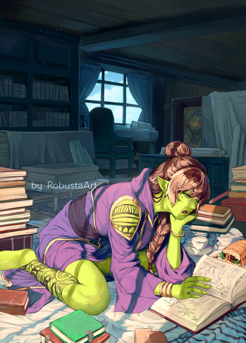 1girl absurdres arm_support arm_tattoo artist_name barefoot black_sash blanket blue_sky book book_stack bookshelf box bracelet braid braided_ponytail brown_hair chair clothing_cutout cloud coffee_table colored_skin commentary commission cup curtains day desk english_commentary fang fangs fantasy food full_body gold_bracelet gold_trim green_nails green_skin hair_between_eyes highres hood hood_down hooded_robe hunched_over indoors jewelry leg_tattoo long_hair mole mole_under_eye on_blanket open_book orc original parted_lips plate pointy_ears purple_robe reading robe robusta_mania rug sandwich sash saucer scroll shoulder_cutout sidelocks sitting sky solo studying table tattoo teacup too_many too_many_books window window_shadow yellow_eyes yokozuwari