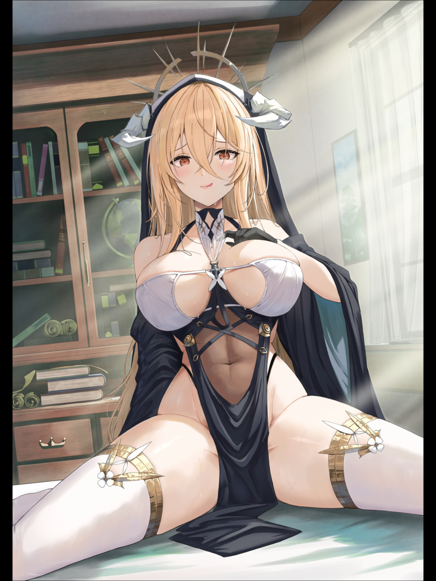 1girl :q azur_lane bare_shoulders bed black_dress black_gloves black_veil blonde_hair blush book book_stack bookshelf breast_cutout breasts cabinet commentary covered_navel crossed_bangs curtains day detached_sleeves dress globe gloves gold_trim groin gurameso hair_between_eyes hand_on_own_chest highres horns implacable_(azur_lane) indoors large_breasts long_hair looking_at_viewer naughty_face nun on_bed pelvic_curtain picture_frame red_eyes scroll sitting solo spread_legs sunlight sweat thighhighs tongue tongue_out veil very_long_hair white_thighhighs wide_sleeves window
