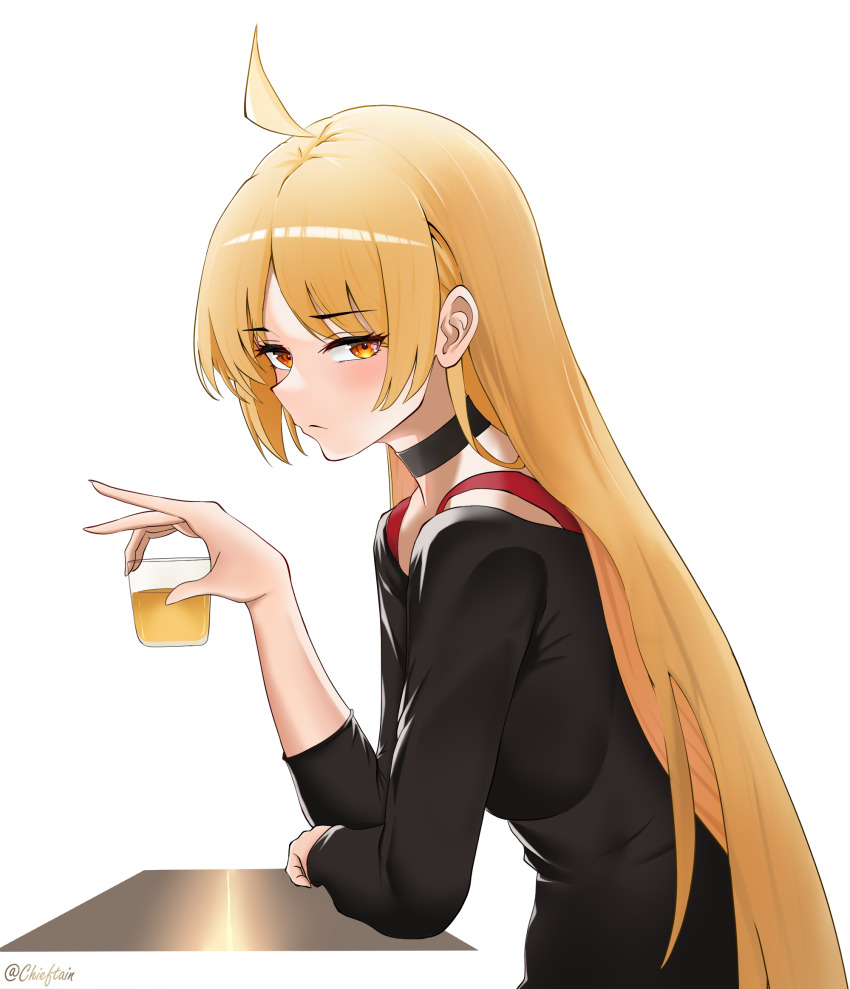 1girl ahoge alcohol black_choker black_shirt blonde_hair blush bocchi_the_rock! chieftain_art13 choker closed_mouth cup detached_ahoge drink from_side highres holding holding_cup holding_drink ijichi_seika long_hair long_sleeves looking_at_viewer looking_to_the_side orange_eyes shirt simple_background solo straight_hair twitter_username upper_body very_long_hair white_background