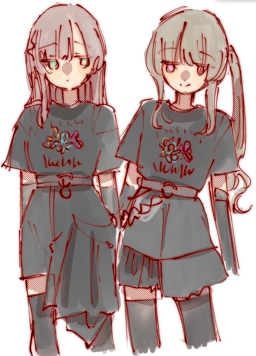 2girls alternate_hairstyle arms_at_sides assault_lily belt black_hair black_shirt black_skirt black_thighhighs braid brown_hair closed_mouth commentary_request cropped_arms cropped_torso detached_sleeves floral_print green_eyes grey_belt heterochromia highres kuo_shenlin long_sleeves looking_at_another looking_to_the_side multiple_girls no_pupils o-ring o-ring_belt pink_eyes print_shirt raised_eyebrows rui_rui_rui0122 shirt short_sleeves side-by-side side_ponytail sidelocks sideways_glance simple_background single_braid skirt standing thighhighs wang_yujia white_background yellow_4