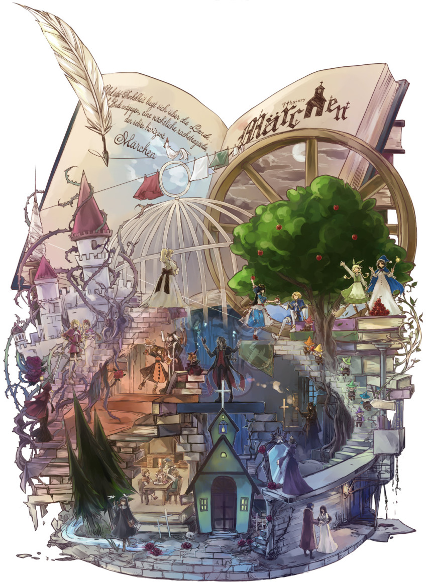 6+boys 6+girls absolutely_everyone alte_rose aohigeko apple bird birdcage blanket book broom buranko_(marchen) cage castle chicken church doll dornroeschen_(maerchen) dual_persona dwarf dwarf_(grimm) elisabeth_von_wettin elyse_(sound_horizon) everyone flower food fruit gretel_(grimm) hansel_(grimm) hansel_and_gretel highres ido_e_itaru_mori_e_itaru_ido idoko maerchen_(sound_horizon) marchen_von_friedhof minazuki_kurisu multiple_boys multiple_girls nun_(marchen) quill quilt red_flower red_rose rose schneewittchen_(maerchen) sleeping_beauty sound_horizon stairs surreal tettere therese_von_ludowing tree wheel