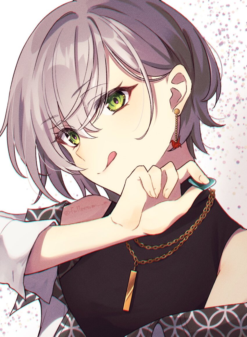 1girl black_shirt commentary crossed_bangs earrings green_eyes grey_hair grey_jacket hair_between_eyes highres hinomori_shiho holding holding_plectrum jacket jewelry kawaranu_atatakasa_no_tonari_de_(project_sekai) looking_at_viewer michikake off-shoulder_jacket off_shoulder official_alternate_costume origami paper_crane plectrum project_sekai shirt short_hair sleeveless sleeveless_shirt solo tongue tongue_out