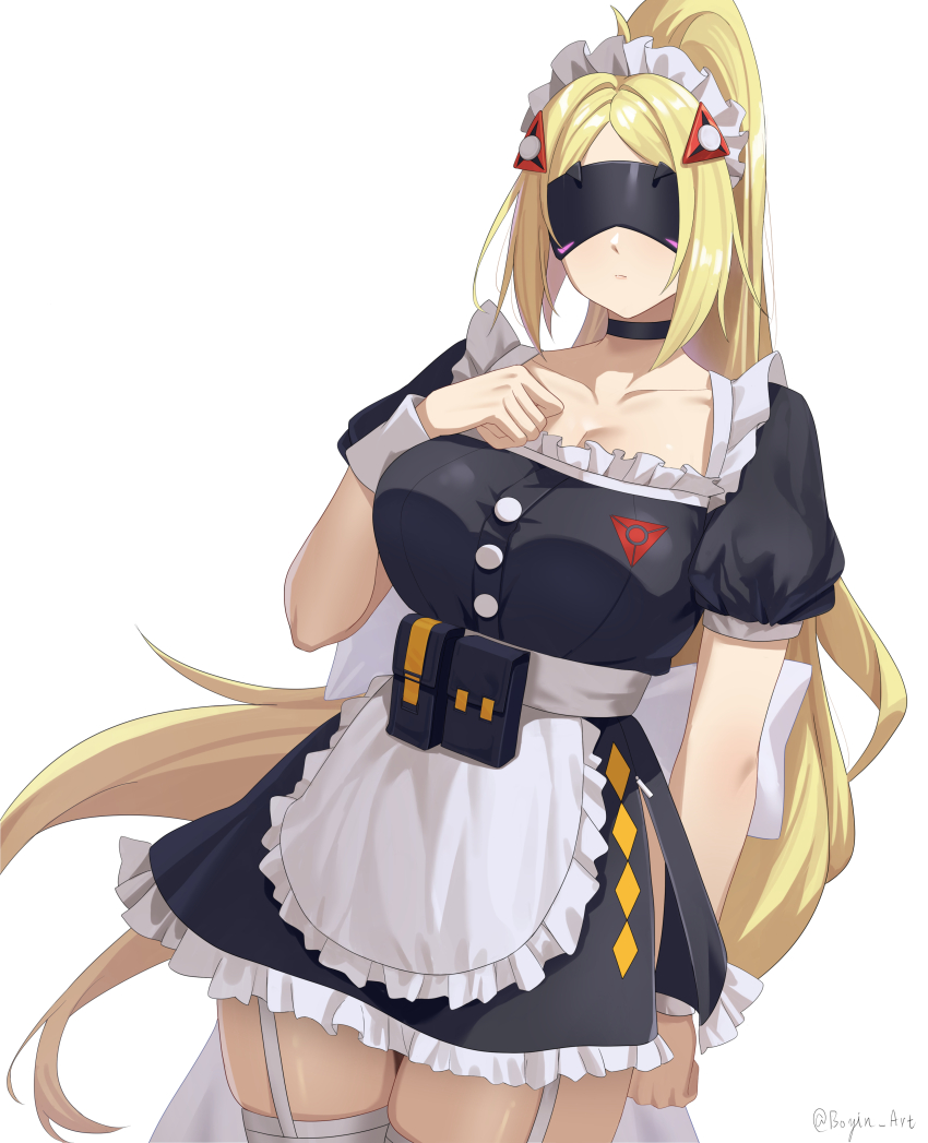 1girl absurdres alternate_costume apron black_choker black_dress blonde_hair boyin breasts choker cleavage collarbone commentary_request dress eye_mask garter_straps high_ponytail highres large_breasts long_hair maid maid_apron maid_headdress ponytail puffy_short_sleeves puffy_sleeves short_sleeves simple_background solo thighhighs thighs trigger_(zenless_zone_zero) white_background white_garter_straps white_thighhighs zenless_zone_zero zettai_ryouiki