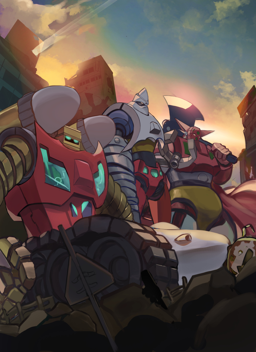 absurdres axe blue_sky building cape caterpillar_tracks city cloud commentary drill evening getter-1 getter-2 getter-3 getter_robo getter_robo_(classic) gradient_sky green_eyes highres holding holding_axe holding_weapon magett mecha mecha_focus no_humans orange_sky outdoors over_shoulder red_cape road_sign robot ruins science_fiction sign sky standing super_robot weapon weapon_over_shoulder yellow_eyes