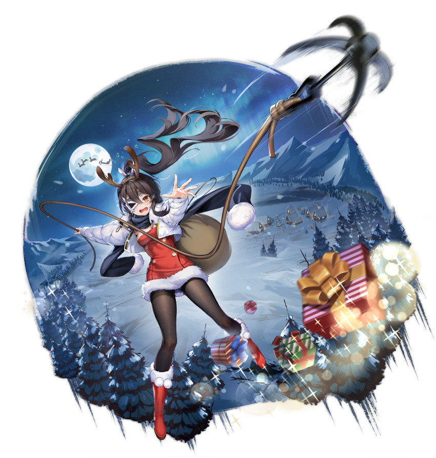 1girl akatsuki_(azur_lane) akatsuki_(santa&#039;s_lost_helper!)_(azur_lane) azur_lane black_hair black_pantyhose boots fur_trim hair_ornament highres horns long_hair looking_at_viewer mask moon official_alternate_costume official_art one_eye_covered ootsuki_momiji open_mouth outdoors pantyhose ponytail red_footwear santa_costume transparent_background