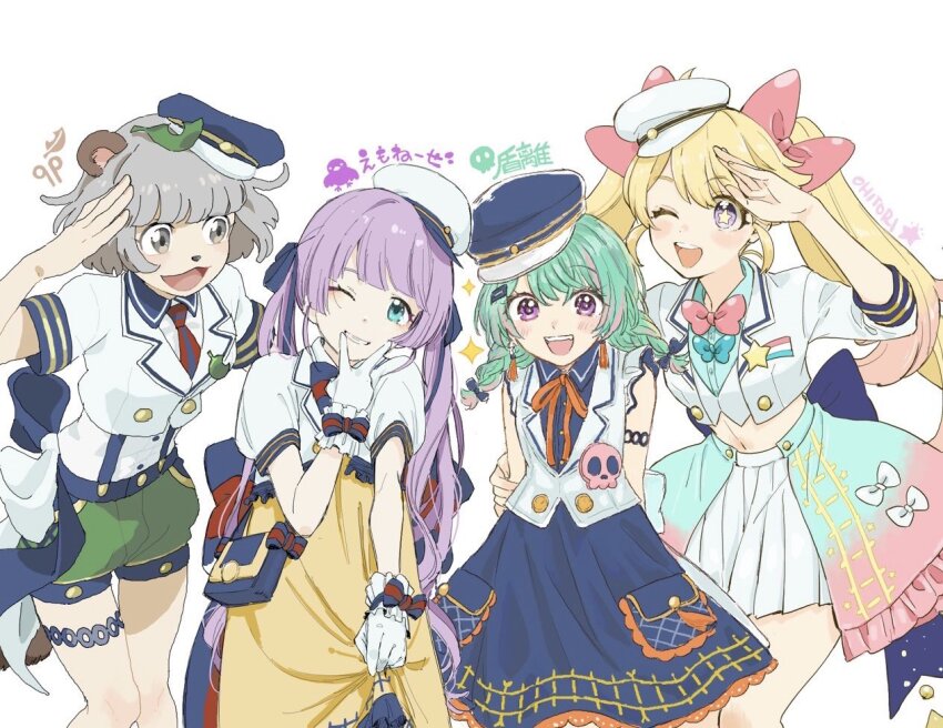 4girls :3 animal_ears animal_nose arm_around_waist artist_collaboration artist_name bag blonde_hair blue_bow blue_bowtie blue_eyes blue_shirt blue_skirt blunt_bangs bow bowtie braid collared_dress collared_shirt commentary_request cowboy_shot cropped_jacket cropped_shirt cropped_vest dress emo_nee_ze frilled_gloves frills gloves gradient_clothes gradient_skirt green_hair green_shorts grey_eyes grey_hair hand_on_another&#039;s_arm hand_up hat head_tilt hoshizaki_tia indie_virtual_youtuber leaf leaf_on_head lineup long_hair looking_at_another looking_at_viewer low_twin_braids midriff mochi_hiyoko mochipro mode_aim multiple_girls navel neck_ribbon necktie ohitori_(o_hitori_sama_1) one_eye_closed open_mouth overskirt peaked_cap pink_bow pink_bowtie pink_skirt pleated_skirt ponpoko_(vtuber) puffy_shorts purple_eyes purple_hair qp_(qp_anipokopi) raccoon_ears raccoon_girl ribbon saeki_yahiro salute shirt short_hair short_shorts shorts shoulder_bag simple_background skirt three-quarter_sleeves smile standing star-shaped_pupils star_(symbol) striped_necktie suspender_shorts suspenders symbol-shaped_pupils tatehana thigh_strap tilted_headwear twin_braids twintails two-tone_skirt v v_over_mouth vest virtual_youtuber white_background white_gloves white_shirt white_skirt white_vest yellow_dress yellow_pupils
