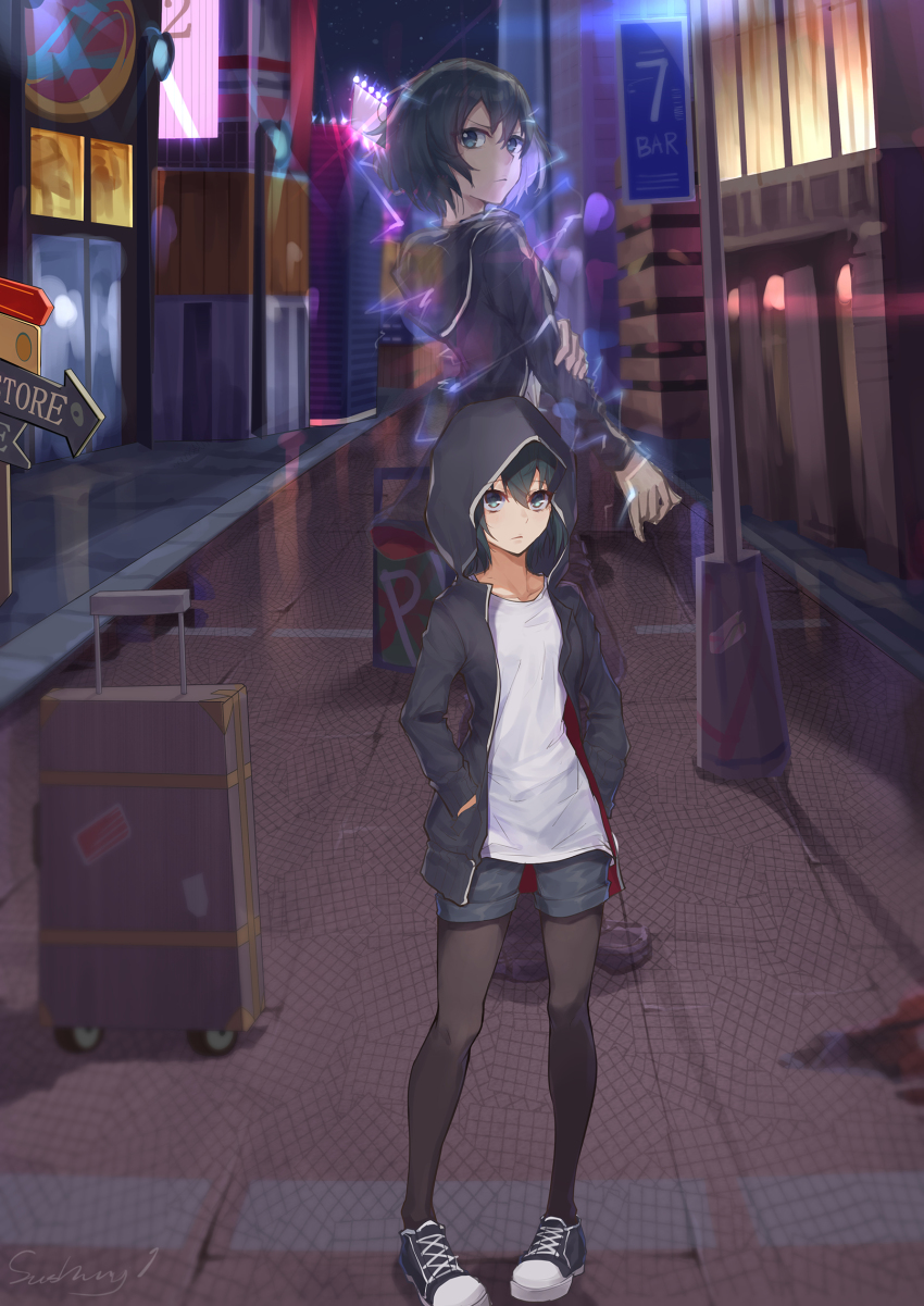 1girl artist_name backlighting black_hair black_jacket black_pantyhose city collarbone commentary_request female_focus full_body hair_between_eyes hand_in_jacket highres jacket kaer_sasi_dianxia lamp long_sleeves night original outdoors pantyhose shirt shoes short_hair short_shorts shorts solo standing suitcase transparent white_shirt