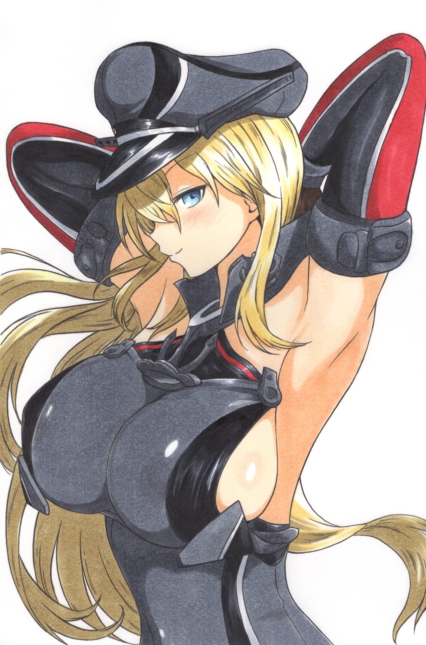 1girl absurdres ajikeneko anchor armor armpits arms_behind_head bare_shoulders bismarck_(kancolle) blonde_hair blue_eyes breastplate breasts closed_mouth covered_erect_nipples detached_sleeves hair_between_eyes hair_over_one_eye hat highres kantai_collection large_breasts long_hair looking_at_viewer military_hat peaked_cap profile sideboob simple_background skin_tight smile smirk solo traditional_media uniform upper_body white_background