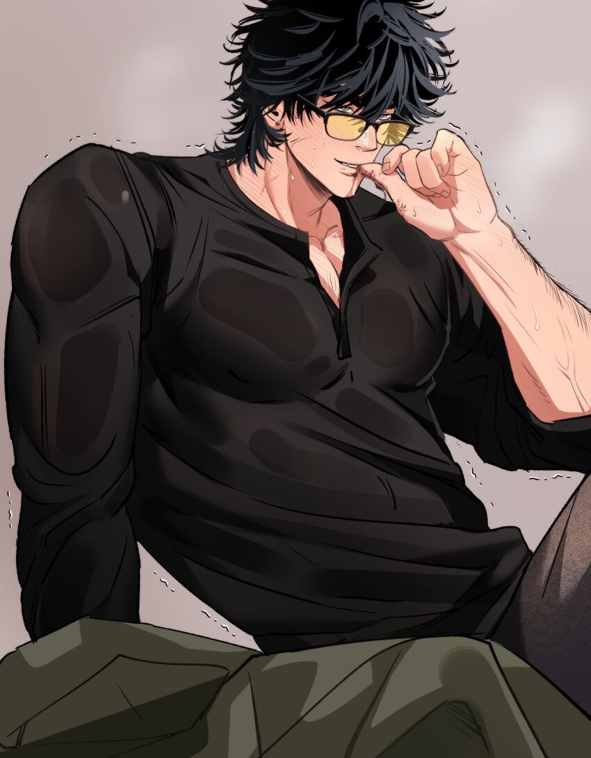 1boy bara biting blood blood_on_hands cowboy_shot highres large_pectorals looking_ahead looking_at_viewer male_focus muscular muscular_male nail_biting nervous original pectoral_cleavage pectorals seductive_smile shirt short_hair smile solo sparse_chest_hair sunglasses sweat thick_arm_hair thick_eyebrows trembling tsurime veins veiny_arms wavy_hair wet wet_clothes wet_shirt yuche_(skysin0830)