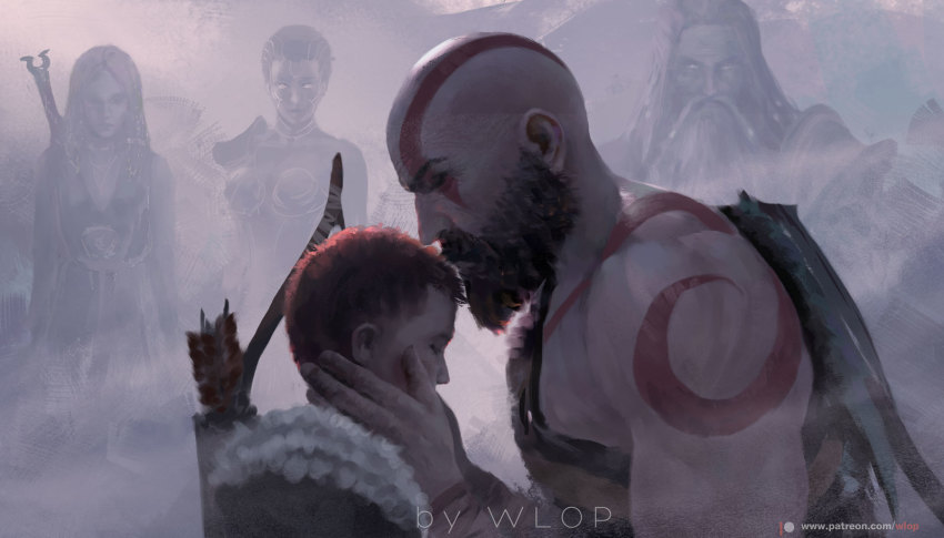 2girls 3boys artist_name athena atreus bald beard bodypaint bow_(weapon) breasts closed_eyes closed_mouth facial_hair father_and_son god_of_war hand_on_another&#039;s_neck kratos_(god_of_war) multicolored_clothes multiple_boys multiple_girls muscular mustache quiver short_hair spoilers weapon wlop zeus_(mythology)