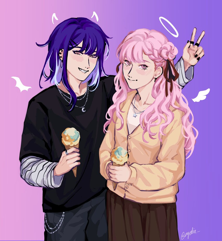 1boy 1girl absurdres alternate_costume black_nails black_pants black_shirt blush brother_and_sister brown_skirt closed_mouth ear_piercing earrings fingernails food grin hair_ribbon halo hand_up highres holding holding_food holding_ice_cream holding_ice_cream_cone horns ice_cream ice_cream_cone jewelry layered_sleeves long_hair long_sleeves looking_at_viewer matching_hair/eyes nail_polish open_mouth pants piercing pink_background pink_eyes pink_hair purple_background purple_hair red_ribbon ribbon shirt short_over_long_sleeves short_sleeves siblings simple_background skirt smile striped_clothes striped_shirt teeth the_hundred_line_-last_defense_academy- tsukumo_ima tsukumo_kako v wallet_chain white_shirt wings yellow_shirt