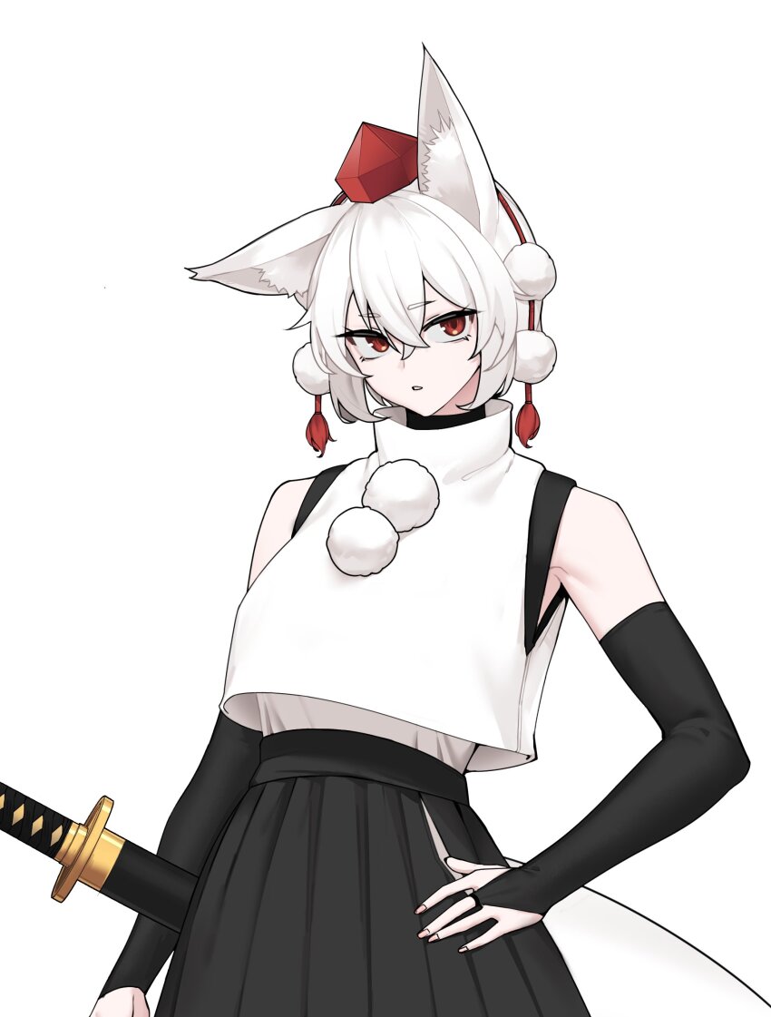 1641_(chfhrtor94) 1girl absurdres animal_ears black_gloves black_hakama fingerless_gloves gloves hakama hand_on_own_hip hat highres inubashiri_momiji japanese_clothes katana nail_polish pink_nails pom_pom_(clothes) red_eyes sheath sheathed short_hair simple_background solo sword tail tokin_hat touhou weapon white_background white_hair wolf_ears wolf_girl wolf_tail