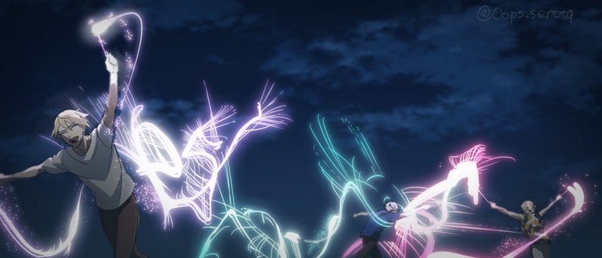 3boys ^_^ blonde_hair closed_eyes cloud derivative_work closed_eyes fireworks highres male_focus multiple_boys nansen_ichimonji night night_sky open_mouth pants running screenshot_redraw serota shirt silver_hair sky smile sparkler t-shirt touken_ranbu track_pants yamanbagiri_chougi yamanbagiri_kunihiro yuri!!!_on_ice