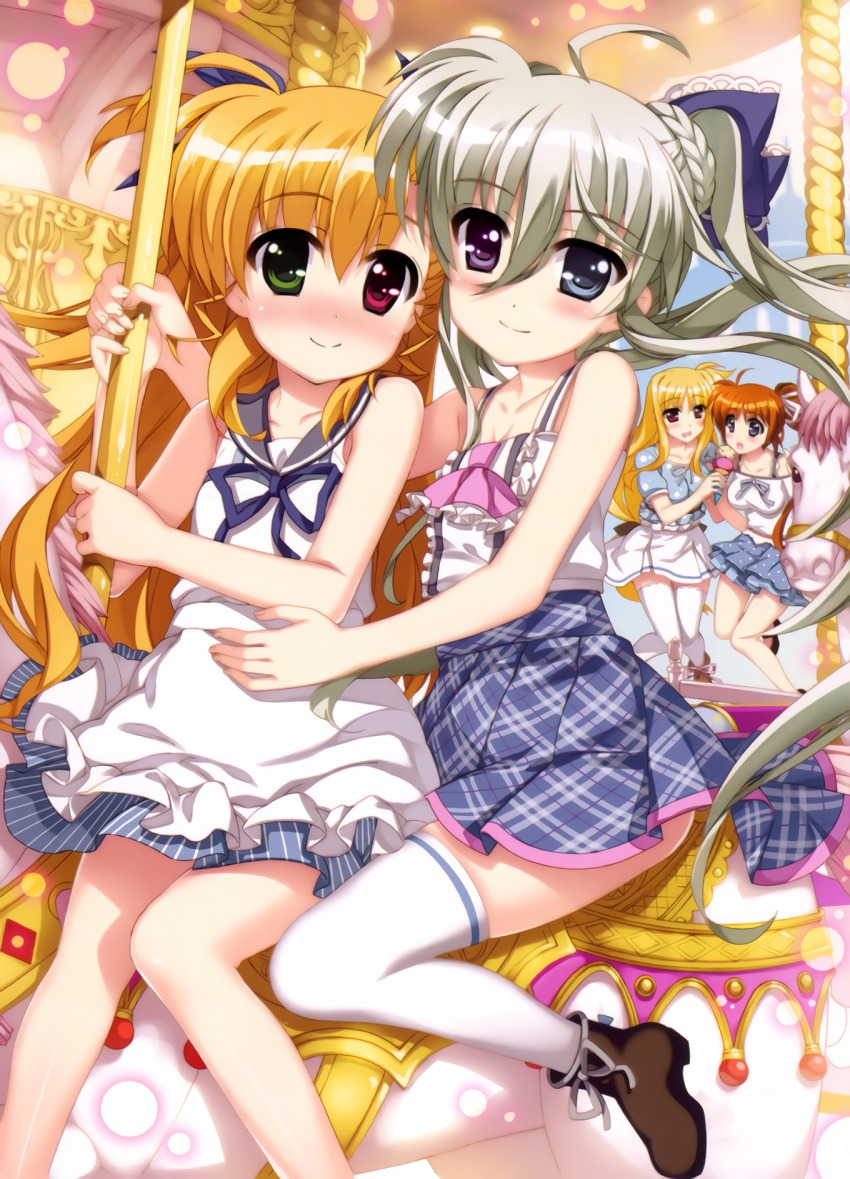 4girls blonde_hair blush carousel couple einhard_stratos fate_testarossa food fujima_takuya green_hair holding_hands happy heterochromia highres ice_cream looking_at_another looking_at_viewer lyrical_nanoha mahou_shoujo_lyrical_nanoha mahou_shoujo_lyrical_nanoha_vivid multiple_girls official_art open_mouth orange_hair purple_eyes red_eyes smile takamachi_nanoha thighhighs vivio yuri