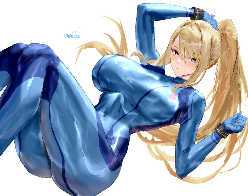 1girl blonde_hair breasts highres igiroitsu large_breasts long_hair metroid nintendo samus_aran zero_suit