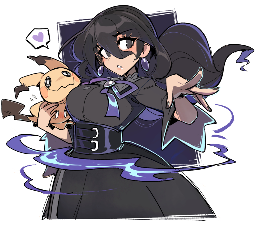 1girl almightychiru black_corset black_dress black_hair blush breasts clothed_pokemon commentary corset curvy dress earrings fake_tail gen_7_pokemon grey_eyes hair_between_eyes heart hex_maniac_(pokemon) hex_maniac_(pokemon_legends:_z-a) highres holding holding_pokemon jewelry juliet_sleeves large_breasts large_earrings long_hair long_sleeves mimikyu nintendo pointy_ears pokemon pokemon_(creature) pokemon_legends:_z-a puffy_sleeves purple_nails purple_ribbon ribbon solid_oval_eyes sphere_earrings spoken_heart stitches tail