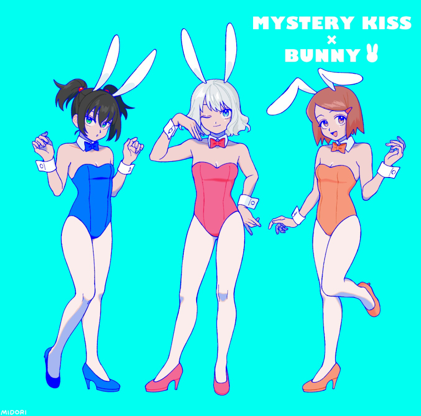 3girls :o alternate_costume bad_id bad_pixiv_id black_hair blue_background blue_bow blue_bowtie blue_eyes blue_footwear blue_leotard bow bowtie breasts brown_hair closed_mouth color_coordination commentary_request detached_collar english_text grey_hair hand_up hands_up high_heels highres ichimura_shiho leotard looking_at_viewer medium_breasts midori_(rgonkr) multiple_girls nikaidou_rui odd_taxi open_mouth orange_bow orange_bowtie orange_leotard orange_shoes pantyhose pink_leotard pink_shoes playboy_bunny red_bow red_bowtie shoes short_hair short_twintails simple_background smile smirk spoilers strapless strapless_leotard twintails w_arms wadagaki_sakura wavy_hair white_hair white_pantyhose wrist_cuffs