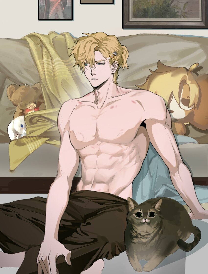 1boy abs black_pants blonde_hair blue_eyes cat couch degrees_of_lewdity earrings highres jewelry looking_to_the_side owhe6xinjl66160 pants photo_(object) short_hair sitting solo stuffed_animal stuffed_toy teddy_bear topless_male whitney_(degrees_of_lewdity) whitney_(male)_(degrees_of_lewdity)