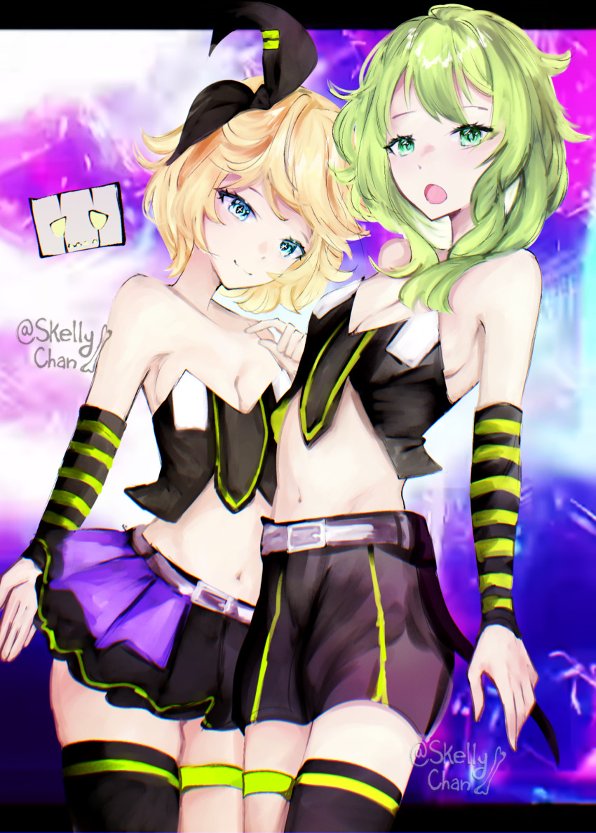 2girls black_arm_warmers black_bow black_leotard black_shorts black_skirt black_thighhighs blonde_hair blue_eyes bow breasts cleavage closed_mouth cropped_leotard green_eyes green_hair gumi hair_bow highres kagamine_rin leotard luvoratorrrrry!_(vocaloid) medium_hair multiple_girls open_mouth pleated_skirt short_hair shorts single_thighhigh skellychan skirt small_breasts smile striped_arm_warmers thigh_strap thighhighs twitter_username vocaloid yellow_arm_warmers